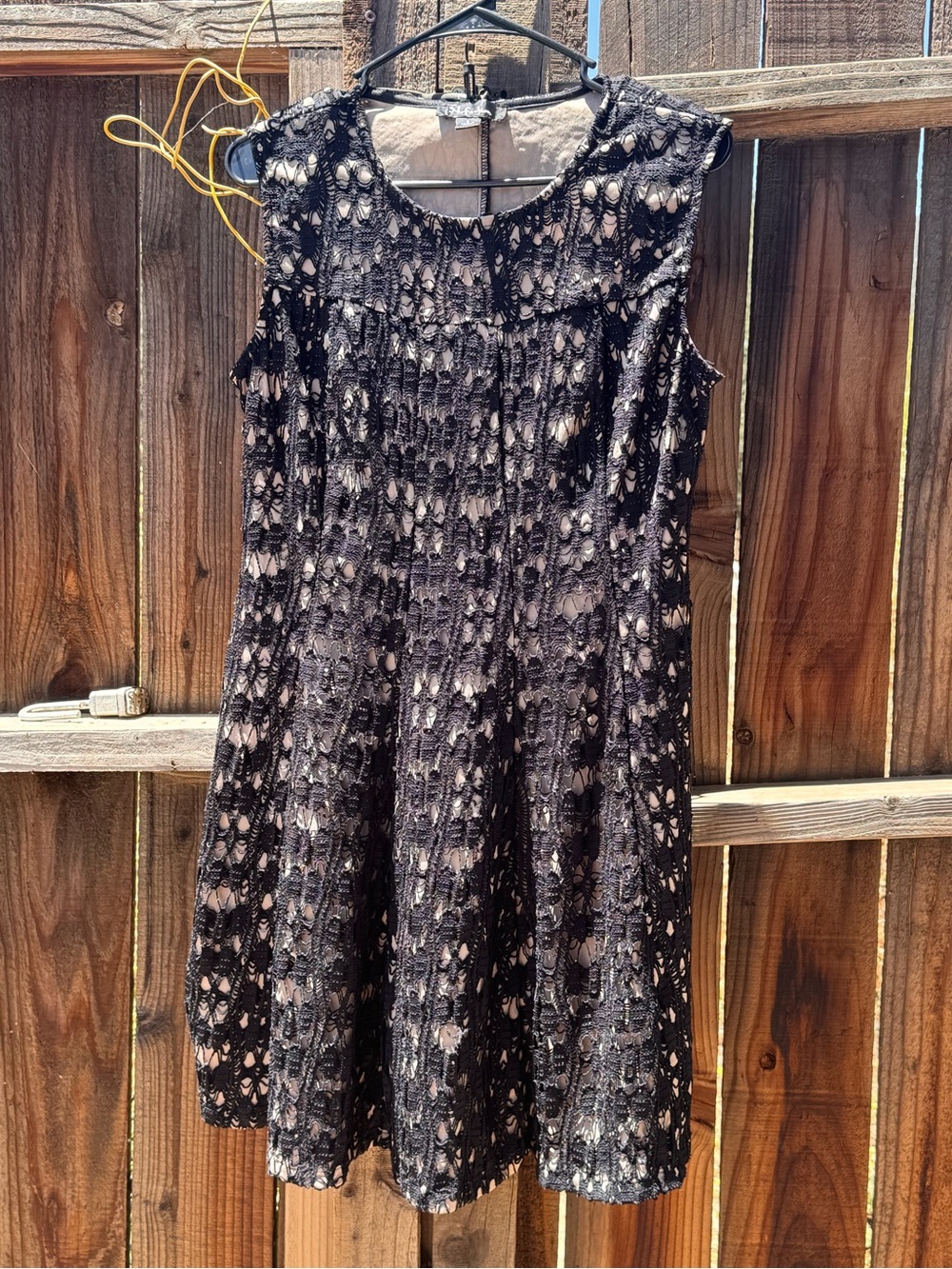 S.L. Fashions Black Lace Overlay Mini Dress with Nude Underlayer